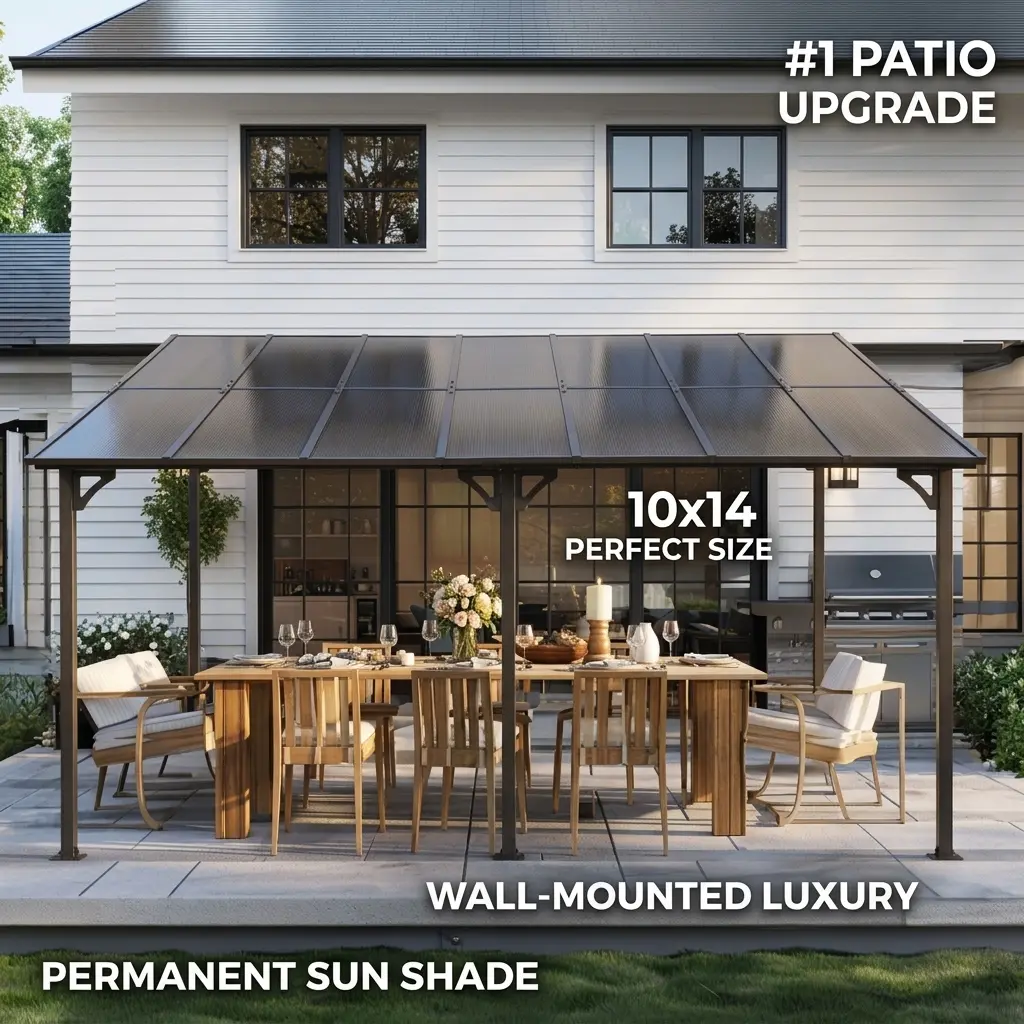 Outdoor Pergola Gazebo 10x14 Lean To Metal Awning Heavy Duty Wall Mounted Hardtop Roof Shelter for Patio Deck Backyard Makeover Large Permanent Sun Shade Canopy Structure for Luxury Outdoor Living Space Upgrade
