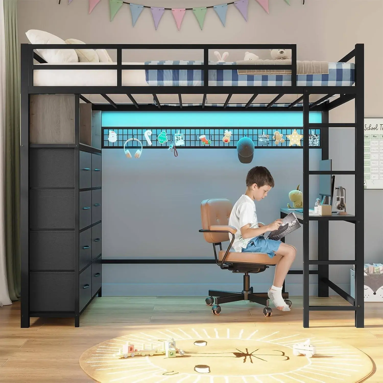 SIKAIC Smart LED Twin Loft Bed with Gaming Desk - Heavy Duty Metal High Bed with 8 Storage Drawers & Mesh Board for Bedroom Makeover,dorm essentials,home decor