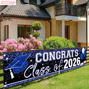 2026 Graduation Congrats Banner Blue Glitter Grad Cap Design Large Outdoor Hanging Sign For Yard Party Decor Golden Accents 2D Flat Design