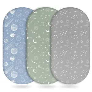 Bassinet Sheets Girl Boy, Fitted Bassinet Sheet Set 3 Pack Bassinet Mattress Sheets Universal Fit for Rectangle, Round, Oval, Hourglass Mattress, Soft Breathable Green Gray Constellation