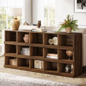 Spaco 63" Console Table, Farmhouse 4-Tier Sofa Table with 15 Storage Cubes