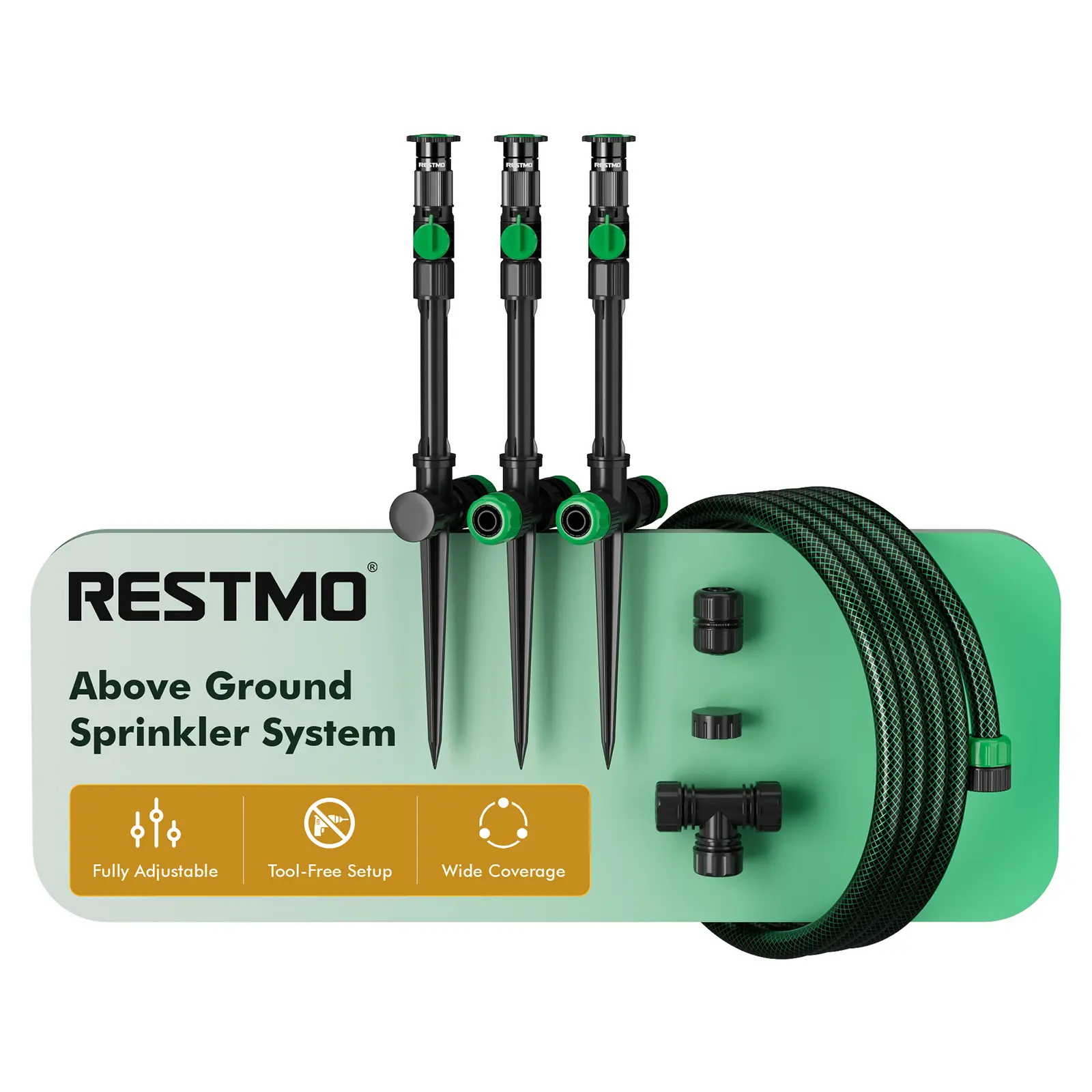 RESTMO Flexible Irrigation System with Metal Spike Base, Above Ground DIY Lawn Sprinkler Kit, Multi-Adjustable Set, Ideal for Plant/Flower Bed Watering, 30ft Garden Hose Included, Green, Outdoor Irrigation Sprayer, Sprinkler System For Yard