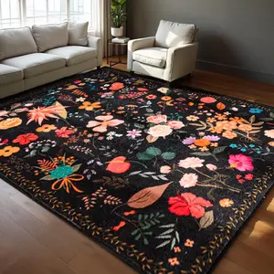 Floral Boho Imitation Cashmere Printed Area Rugs, Washable Machine, Non Slip Low Pile Vintage Large Carpet for Living Room, Bedroom, Farmhouse, Dining Room, Kids Playroom, Orange, Pink, Black, Green, Beige,2x3, 2x6, 4x6, 5x7, 6x9, 8x10, 9x12 Feet
