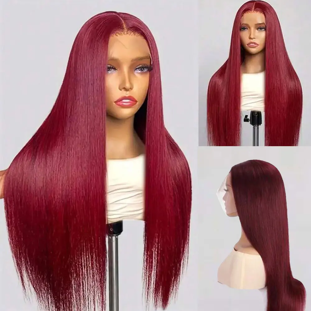 Burgundy Wig Blend Human Hair 13x4 HD Transparent Lace Straight 99J Red Human Hair Wig Colored Reddish Brown Lace Frontal Wigs 150% Density
