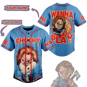 Halloween Chucky "Wanna Play" Jersey Custom Name and Number, Movie Chucky Baseball Jersey, Chuky Doll Jersey, Halloween Play Shirt, Horror Movie T-Shirt, Chuckkyy Lover Gift