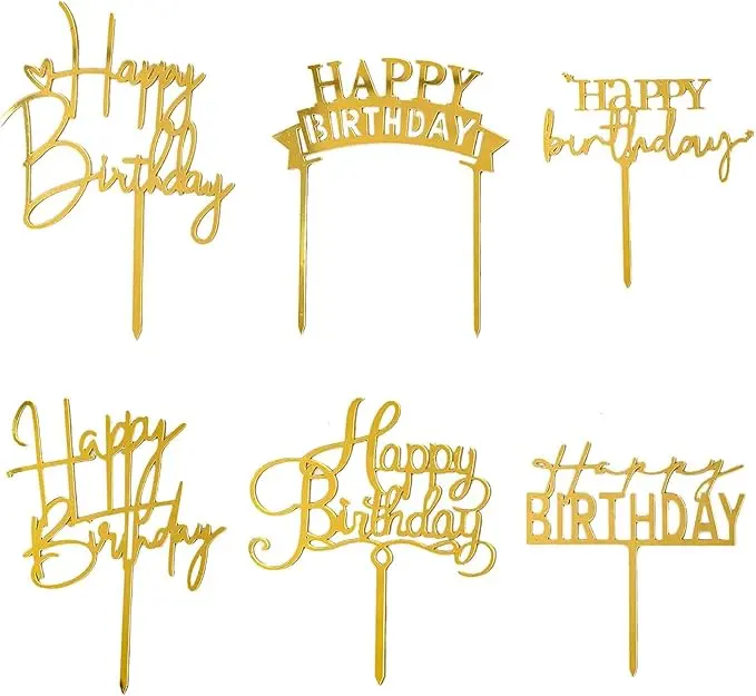 Gold Birthday Cake Topper, 6pcs Acrylic Birthday Cake Toppers Happy Birth Cake Toppers for Decorations Gold Topper for Girls Women's Party Decorations