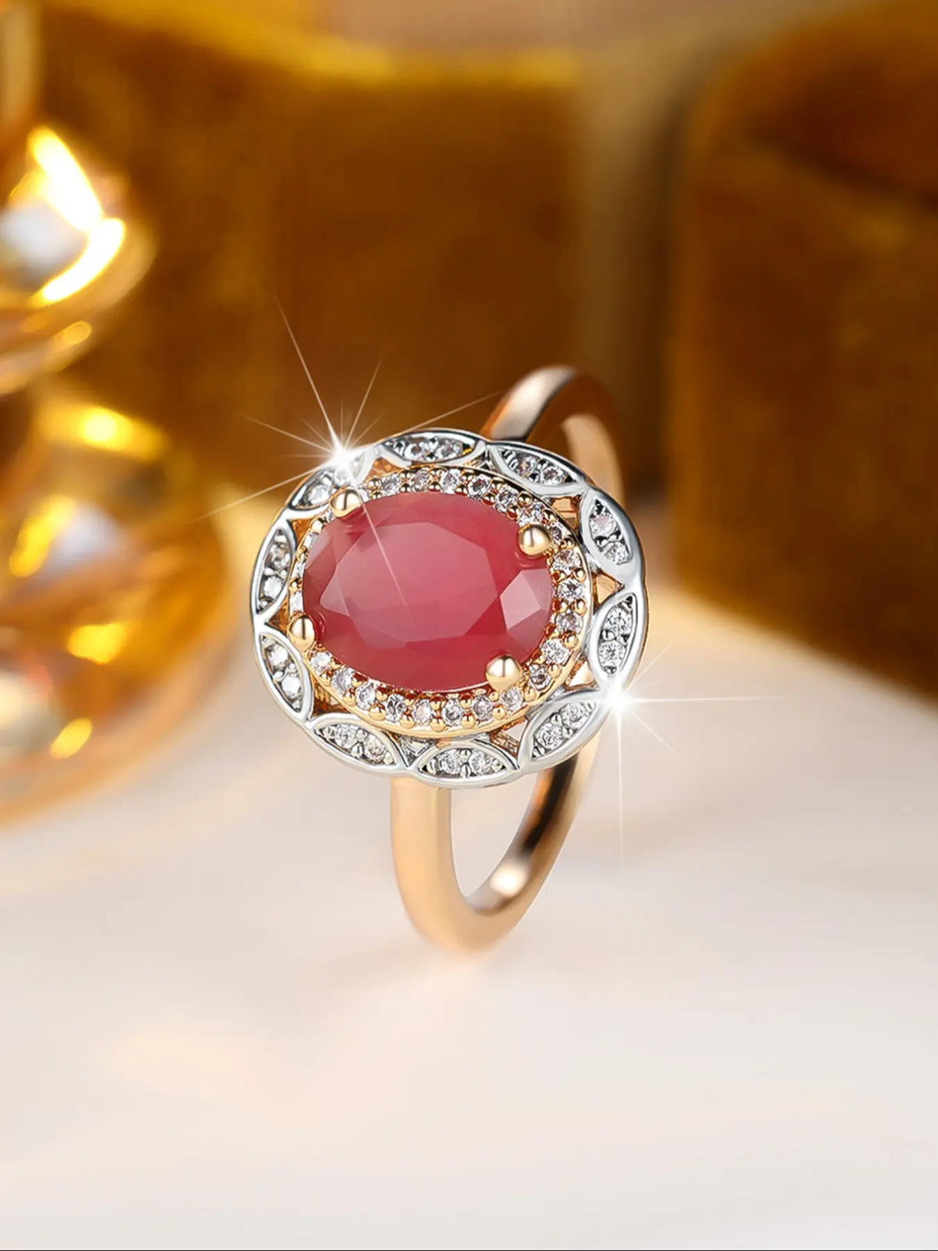 Classic Luxury Red Oval Zirconia Silver Sun Ladies' Ring Exquisite jewellery crafted for the discerning lady The perfect birthday gift Birthday Gift Rings Jewelry Gifts Solitaire Halo Ring