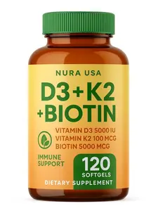 Unique D3 + K2 + Biotin Formula - 120 Softgel Capsules | Vitamin D3 K2 + Biotin 5000mcg | D3 K2 10000 IU Softgel Capsules | Biotin for Hair Growth Women & Men | Immune Support Supplement | Ultrafine Calcium with Vitamin D3 + K2 + Biotin