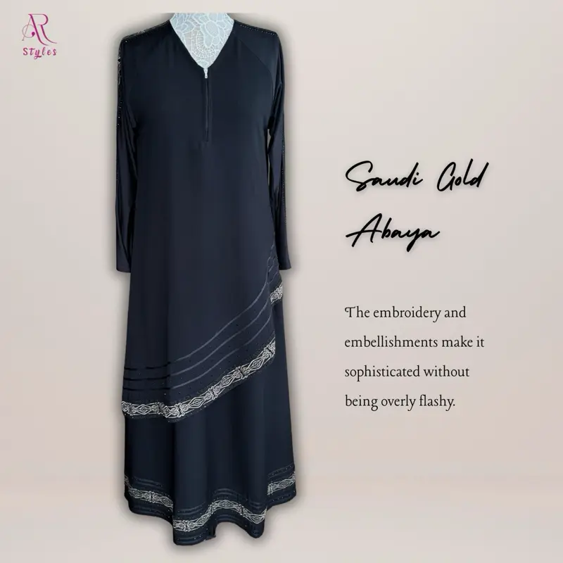 AR Styles Saudi Gold Abaya - Long Sleeve, Embroidered Panels, Elegant Asymmetrical Layering, Comfortable for Semi-Formal and Formal Events