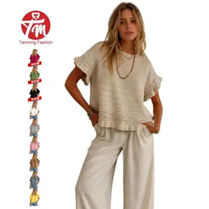 Tanming Women's Crochet Knit Top Short Flutter Sleeve Ruffle Hem Hollow Out Pointelle Crewneck Sweater Casual Loose Boho Eyelet Pullover Blouse for Casual & Office Wear