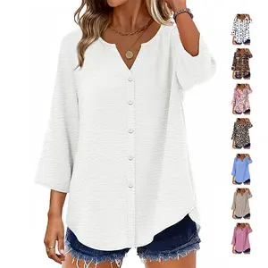 OFEEFAN Women V Neck 3/4 Sleeve Button Down Blouse Loose Business Casual Top Spandex OFEEFAN Women V Neck 3/4 Sleeve Button Down Blouse Loose Business Casual Top Spandex