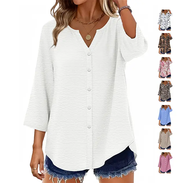 OFEEFAN Women V Neck 3/4 Sleeve Button Down Blouse Loose Business Casual Top Spandex OFEEFAN Women V Neck 3/4 Sleeve Button Down Blouse Loose Business Casual Top Spandex