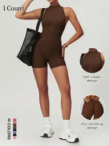 Women's Solid Ribbed Mock Neck Romper, Sporty Jumpsuit, Casual Comfy Sleeveless Skinny for Summer, Tummy Control & Butt-Lifting High-Stretch Fabric, Yoga Gym Running Sportswear, Stretchable Activewear, for Indoor Outdoor Daily Wear