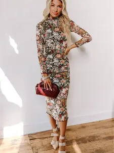 Brown Floral Allover Print Mock Neck Bodycon Long Sleeve Midi Dress Arrives in 12 to 15 days elegant  dresses bubble  dress mars the label  dress