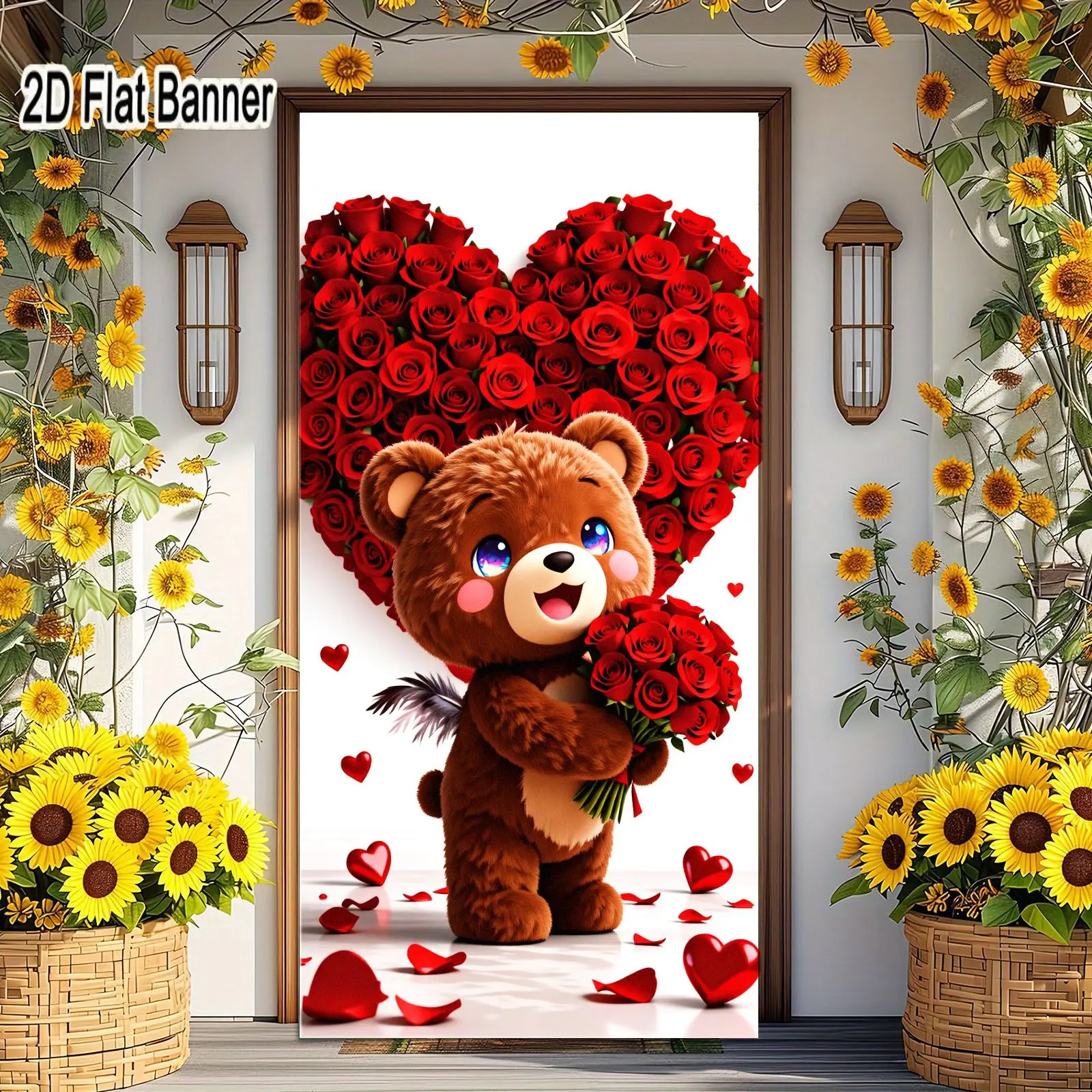 2D flat banner, 1pcCute Brown Fluffy Teddy Bear with Red Roses Bouquet, Heart Arrangement Valentine's Day Decor, Romantic Teddy Bear Backdrop for Love Themed Parties, Whimsical Red Rose Decorationsgalentines party decor, valentine day decor, decorati