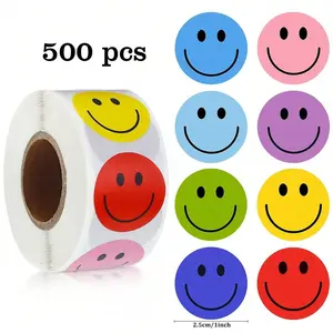 Smile Face Pattern Self Adhesive Sticker, 500pcs/roll Round Label Sticker, Decorative Sticker for Gift, Cake, Biscuit, Greeting Card Envelope, Funny Gift, Decoration Sticker, Emoji Stickers