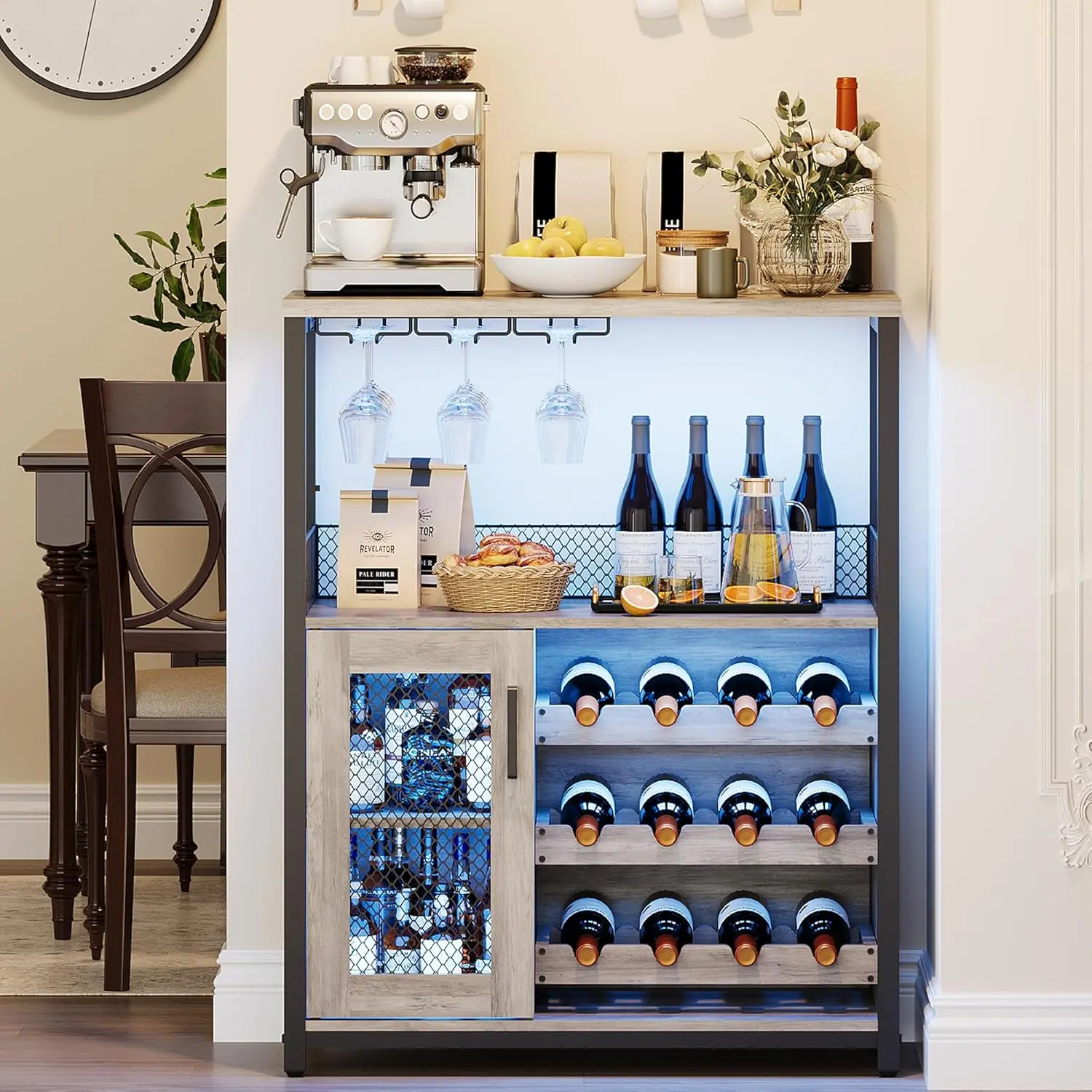 Wine Bar Cabinet with LED Lights, Adjustable Shelves Wine Cooler,36" Tall Farmhouse Liquor Cabinet for Kitchen,Dining & Living Room, Retro Style-Grey Modern Sideboard, Accent Storage Cabinet, Adjustable Storage Cabinet