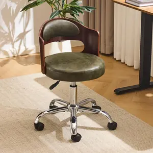 Armless Home Office Desk Chair, Adjustable Swivel Chair,Dual-Use with/no Wheels,Small Retro Designed Walnut Curved Task Chair,Cushioned Nail Tech Chair for Study Area,Workspace,PU,Olive Green