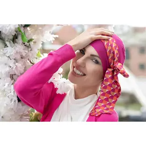 Masumi Yanna Chemo Headscarf for Women, Golden Allure Geometric Print Turban in 95% Breathable Organic Bamboo, 2-Piece Set with Detachable Scarf & Seamless Interior, 21.25-22.5 Inches