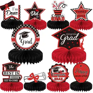 10PCS Class of 2025 Graduation Party Decorations 2025 Congrats Grad Honeycomb Centerpieces Congratulate Graduation Table Toppers for Graduation Party Favor Supplies(Red Black)