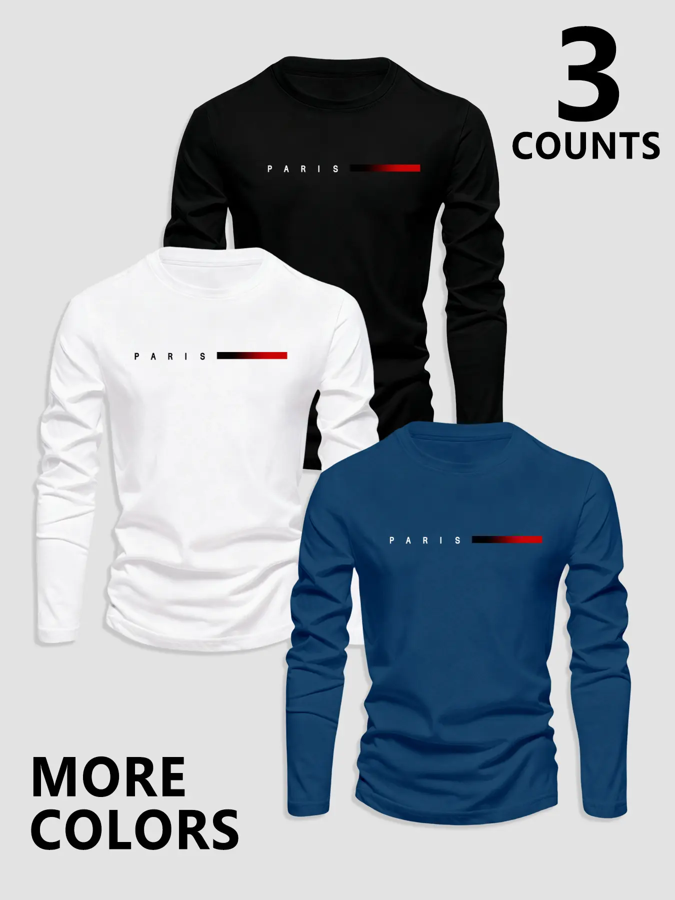 Men's Classic 3-Piece Set Letter Pattern Print Long Sleeve T-Shirt, Casual Fitted Bottom Layer Clothing for Fall & Winter