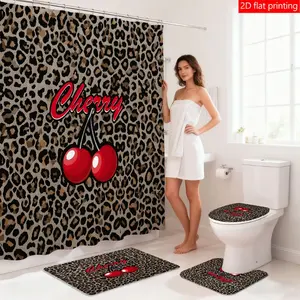 1PC/4PCS Leopard Print Cherry Style Shower Curtain Set, Personalized Home Bathroom Decoration Accessories, Waterproof Fabric Shower Curtain Set with 12 Hooks, Non-slip Bathroom Rug, U-shaped Toilet Mat, Toilet Lid Mat, Bathroom Decor, Holiday Decoration