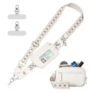 Boho Style Wide Strap Card Wallet Crossbody Phone Bag with Lanyard, Adjustable Shoulder Strap, Detachable Neck Strap, Nylon Material