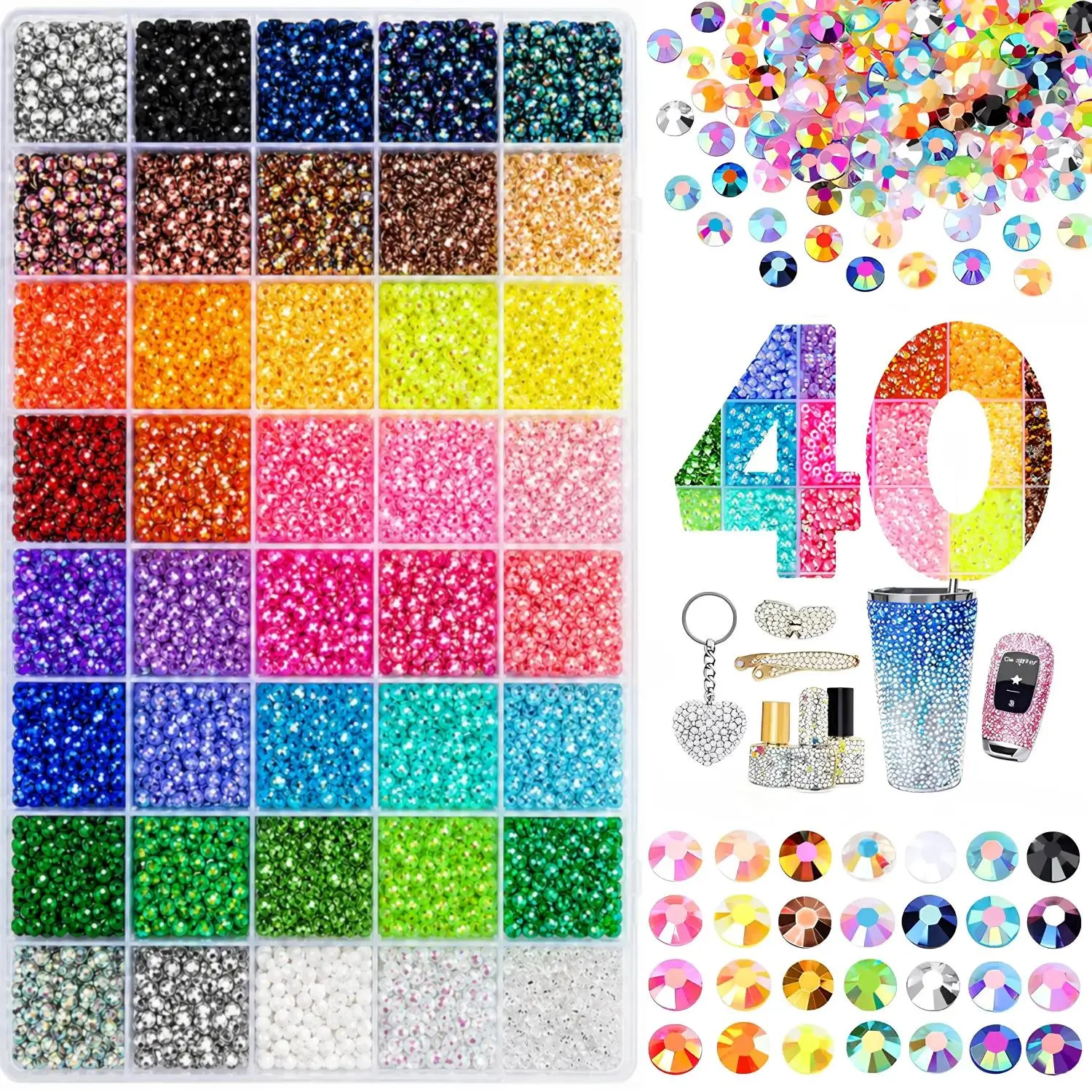 40 Color with 40000Pcs Jelly Rhinestones synthetic beads With Kit for Bedazzling 3mm Multicolor synthetic beads Resin Flatback beads for Art Bedazzler Kit,Nail Art,,Caps,Phone Cases,Tumblers,Book Covers & DIY Crafts Nails Glam Pack Glitter party