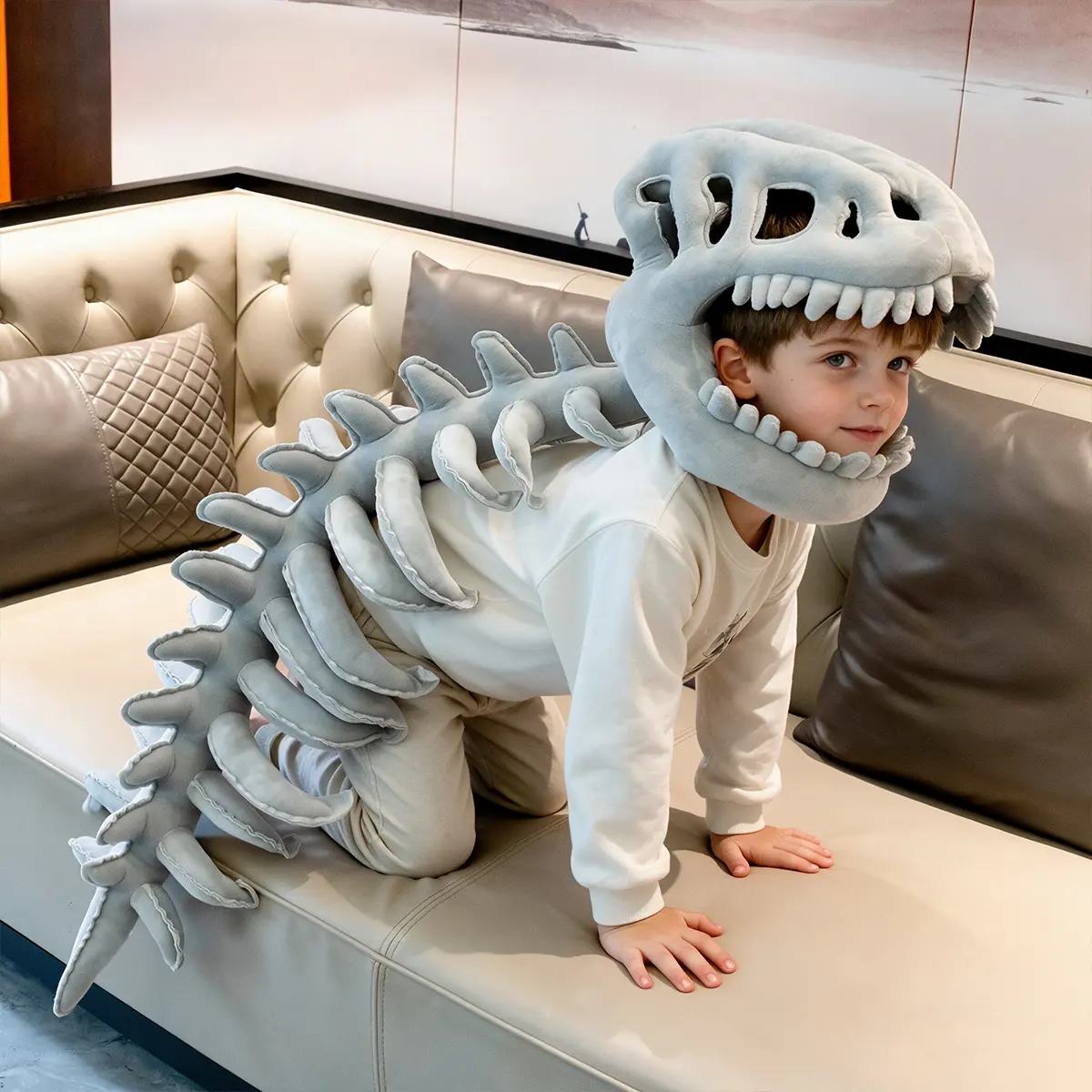 T-Rex Dinosaur Skull Plush Headgear With Spine Tail, Adult Kids Matching Halloween Cosplay Costume, Soft Dino Fossil Photo Prop