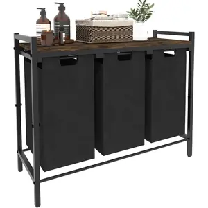 10 x 3 Gal Large Laundry Hamper with 3 Pull-Out & Removable Sorter Bags, Clothes Basket Organizer for Clothing or Toys in and Living Room, Rustic Brown and Black