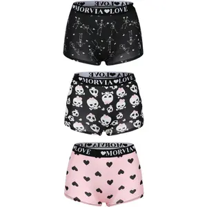 3pcs Women Gothic Halloween Skulls Print Contrast Binding Boyshorts Underwear Elastic Waist Intimates Panties