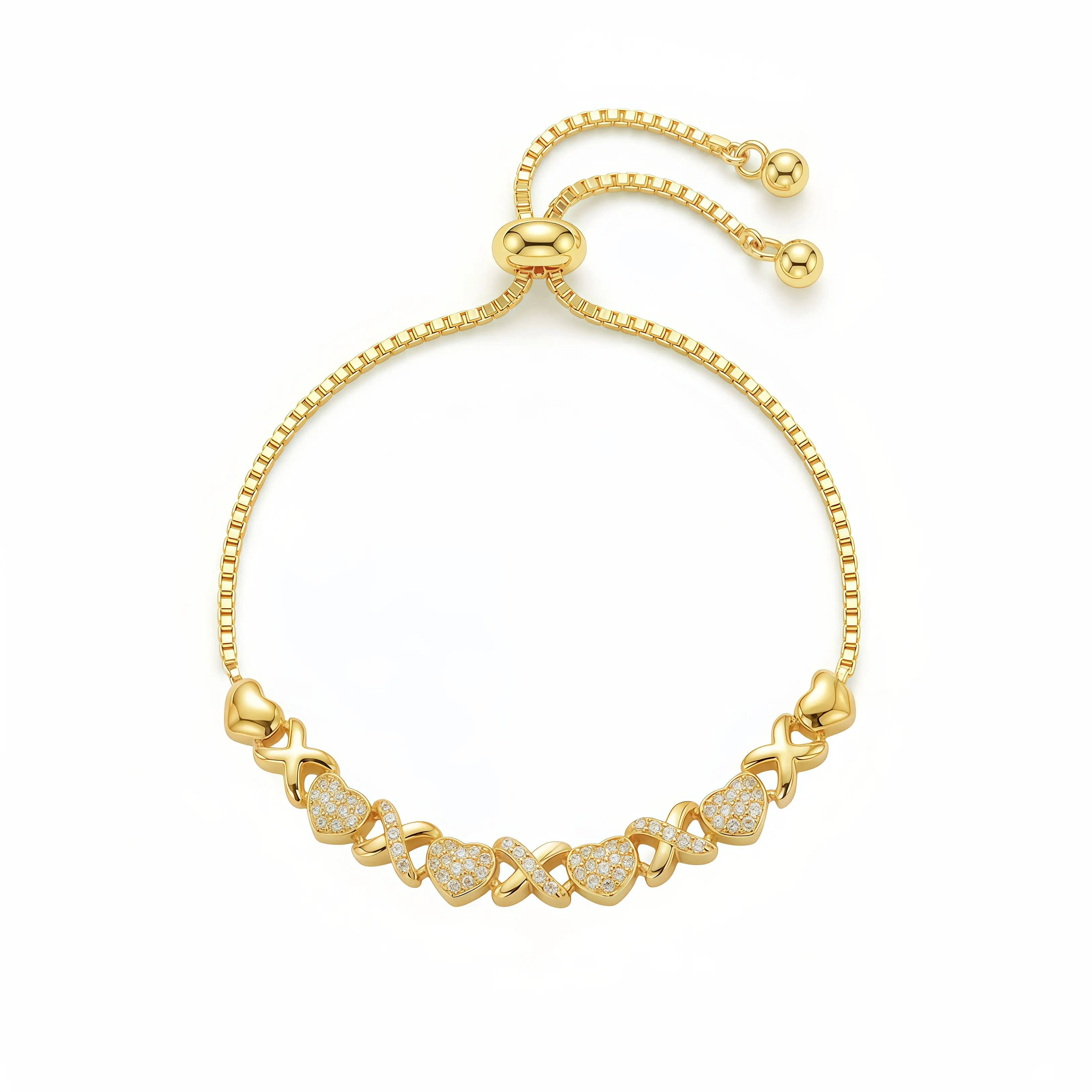 Gold Heart Link Bracelet – Adjustable Dainty Chain with Sparkling CZ Diamonds, Elegant XO Love Design, Perfect Gift for Girlfriend, Wife, Birthday, Valentine’s Day & Anniversary