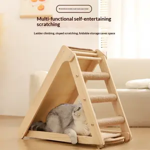 Multi-Functional Cat Scratching Pad & Tree, Vertical Scratcher with Wear-Resistant Solid Wood Frame Posts, Space-Saving No-Fall Climbing Frame for Self-Entertaining Cats