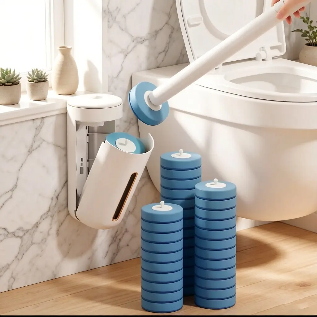 Disposable Toilet Brush, Toilet Bowl Cleaning System with 8 Count Wand Refill, Clean Brush Starter Kit with 1 Toilet Wand, 1 Storage Caddy and 1 Fragrant Tablet (1 + 8) Wall-Mounted Household