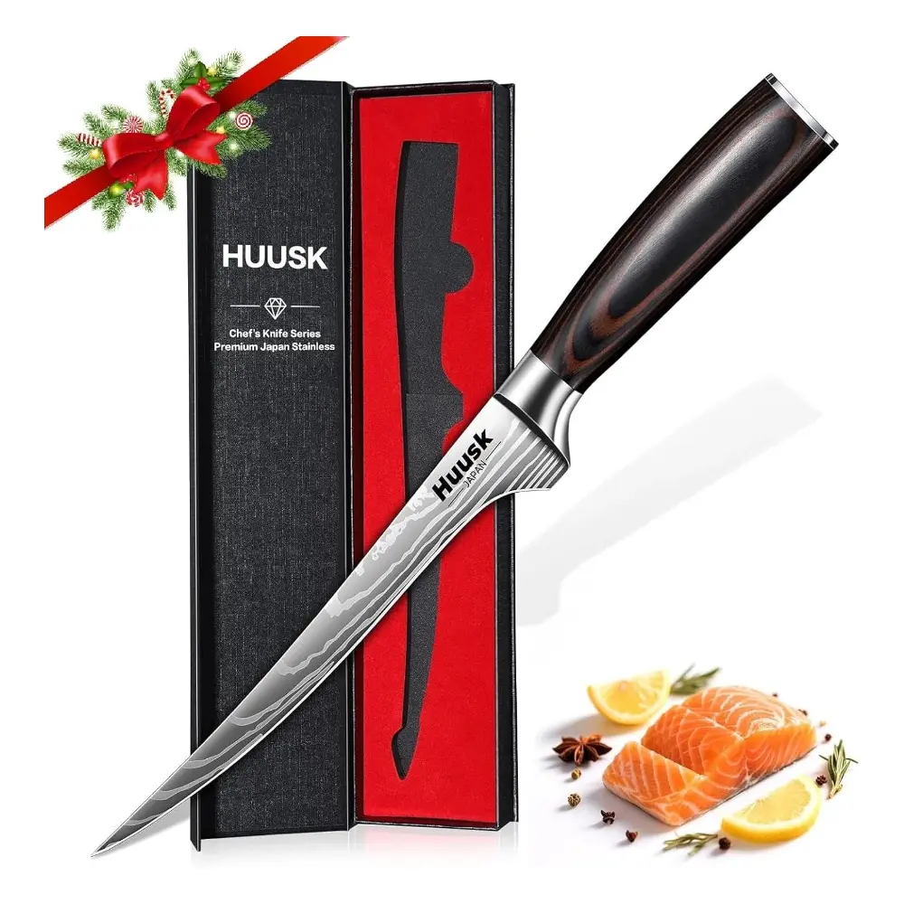 【Summer Sale】Huusk Filet Knife for Fish - 7 Inch Fish Fillet Knife with Wood Handle, Flexible Boning Knives for Meat Cutting, Professional Japanese Fishing Knives for Meat Poultry Cutting