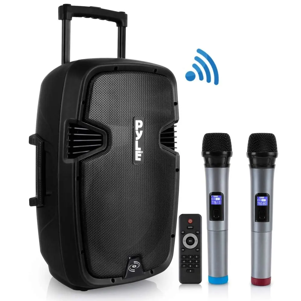 Portable 1600W Bluetooth PA Speaker, Rechargeable, 2 Mics, Wheels