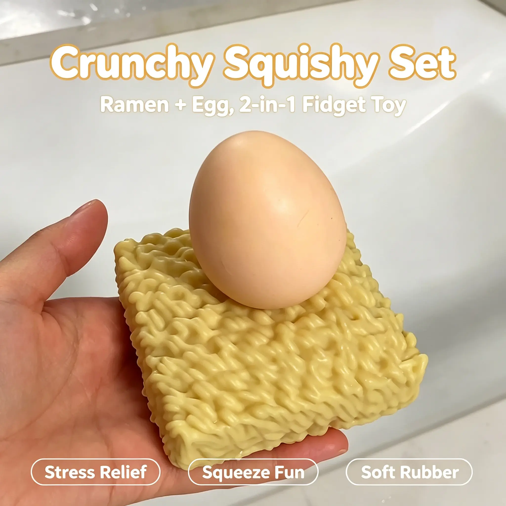 2Pcs Noodle & Egg Crunchy Fidget Ball, Block Filled Squeeze Sensory Toy for Adults Stress Relief, Party Favors & Christmas Stocking Stuffers