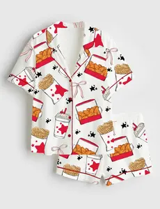 Fried Chicken Print Pajama Set Women Loose Comfy Girl Dinner Waffle Fries Milkshake Star Bow Graphic Short Sleeve Button Shirt Shorts PJs