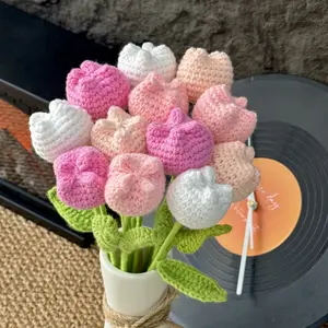 Crochet Tulip Flower Bouquet without Vase, Artificial Flower Bouquet, Mother's Day Gifts, Fall Room Decor, Summer Tulips Artificial Decorative, Home Centerpieces Decor Wedding Anniversary