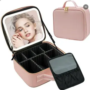 Compact Travel Makeup Bag with LED Mirror, 3 Color Lighting Modes, Adjustable Dividers, Detachable Compartments, Waterproof Design & Brush Storage, Compact Functional Cosmetic Organizer Case Gift