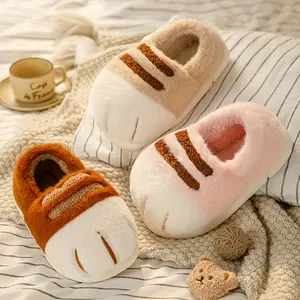 Winter Cartoon Cat Paw Style Women's & Men's Plush Flat Slippers for Home Warmth Cozy Indoor Shoes