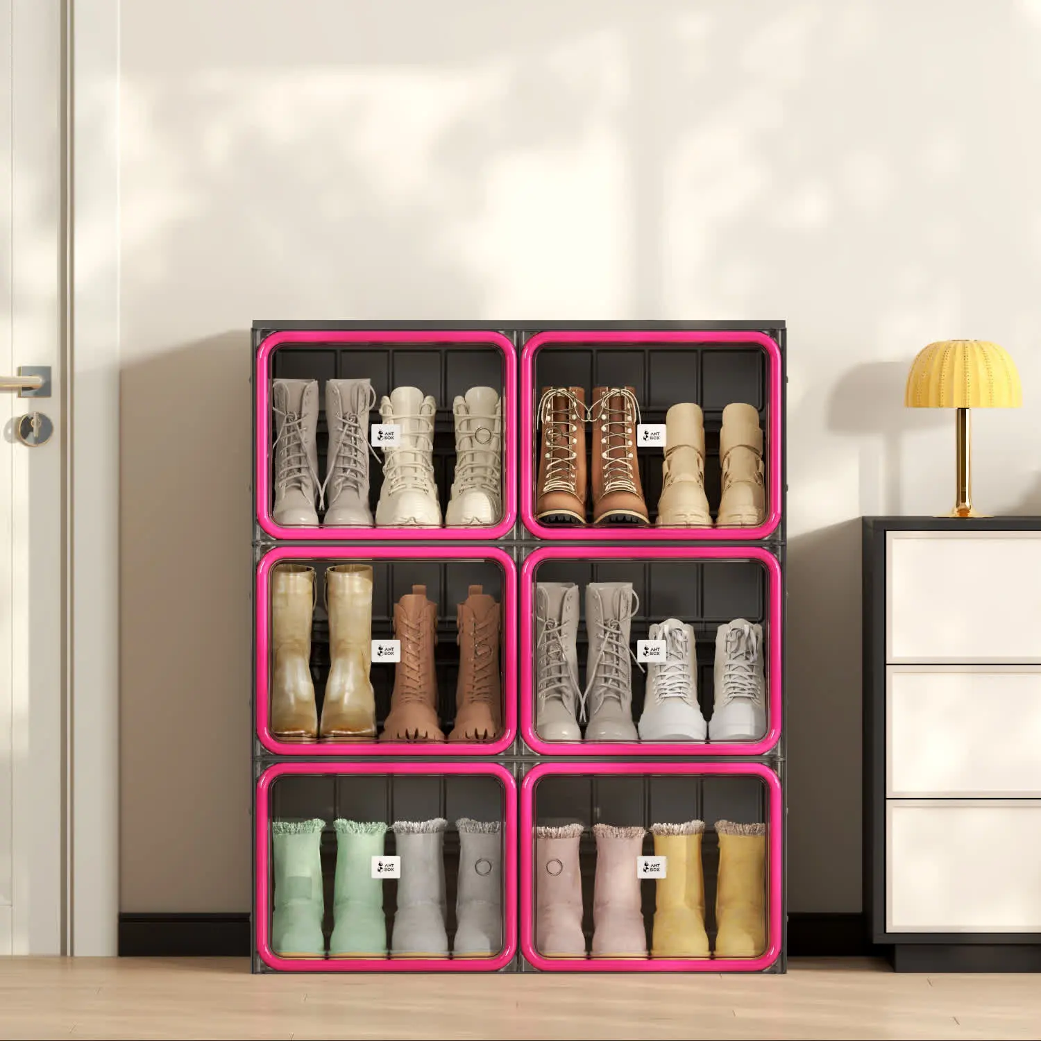 Trendy Double-Column Boots & Bags Storage Cabinet, Black & Rose Red Organizer for Tall Boots & Handbags, Dustproof Foldable Storage (3/4/5 Tier)
