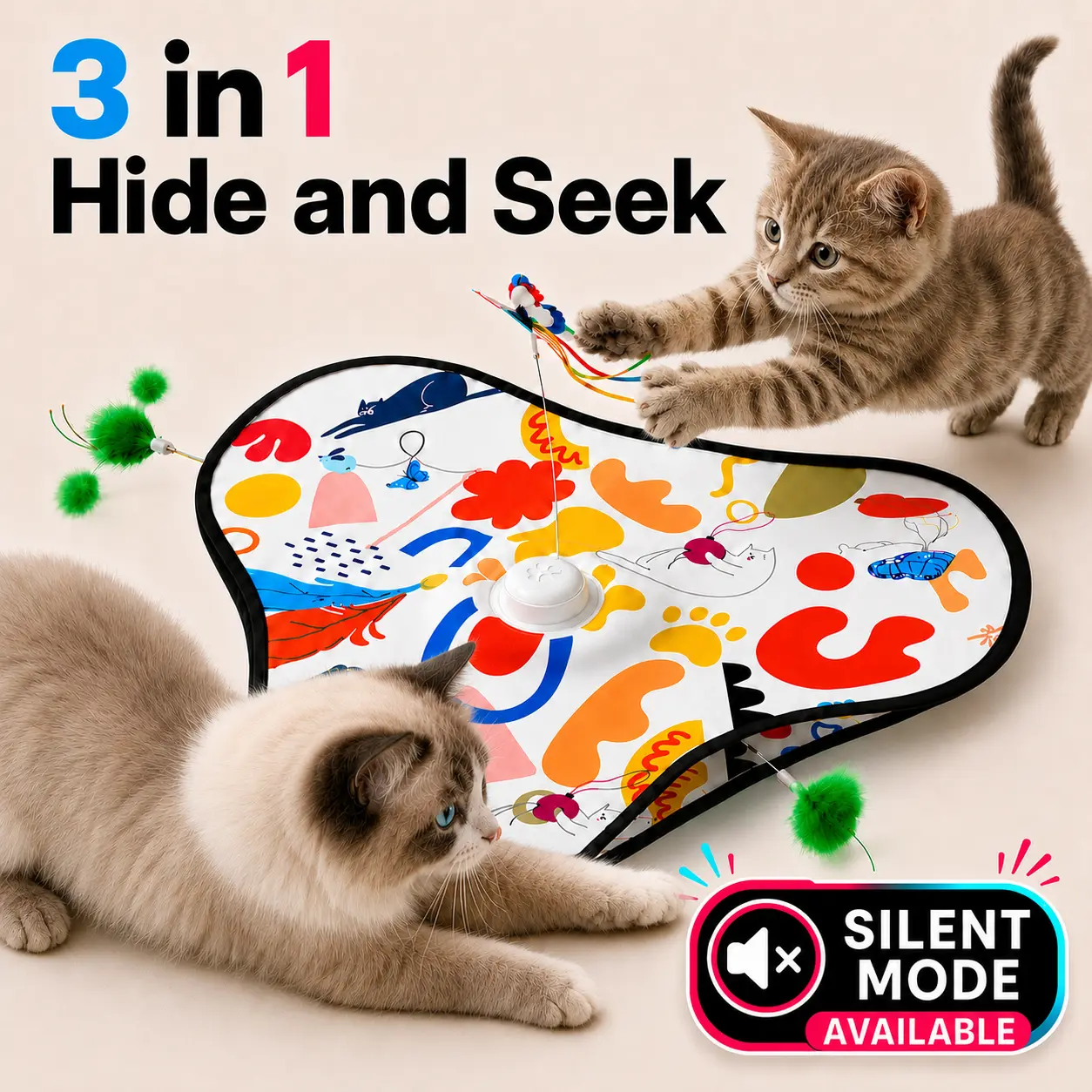 3-in-1 USB Rechargeable Interactive Automatic Cat Toy for Indoor Cats - Hide-and-Seek Feather & Butterfly Toy with 3 Speed Modes, Silent Mode, Suction Cup Base, ABS Build, Universal Fit for Tile & Laminate Floors, Anti-Boredom Kitten Gift