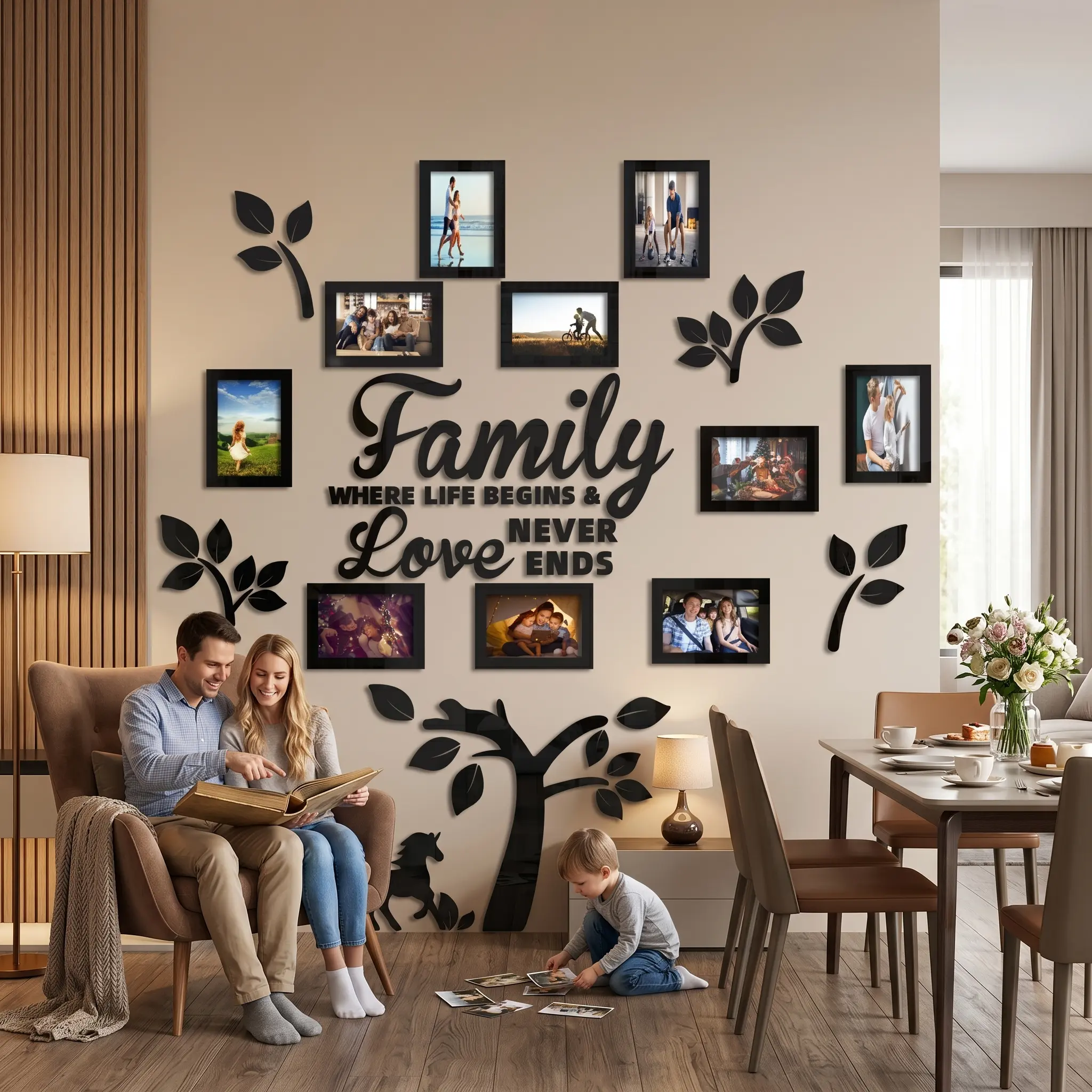 Family Tree Wall Decor Photo Frame Set, DIY Family Photo Display Wall Art, Acrylic 3D Removable Wall Sticker for Living Room Bedroom Hallway