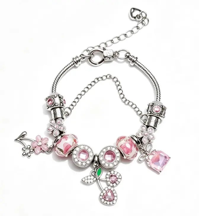 Silver Snake Chain Charm Bracelet with Pink Floral Glass Beads, Rhinestone Cherry, Sakura Flower & Pink Crystal Charms, Adjustable Extension Chain Dainty Flower Jewelry Gift for Women Teen Girls