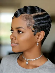 13x4 Short Curly Finger Wave Human Hair Wigs, Pixie Cut Design, 6-Inch Pre-Cut Lace Front Bobs Wig for Women, Natural Look & Comfortable Fit, Glueless Frontal Wig