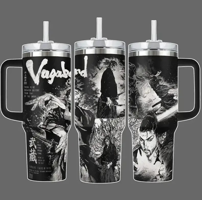 [Samurai Anime Style] Vagabond Inspired Tumbler 40oz 20oz With Handle, Miyamoto Musashi Samurai Artwork Stainless Steel Insulated Travel Cup, Manga Fan Drinkware Gift For Anime Lovers
