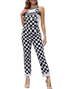 ODEFOU St. Patrick's Day Checkered Overalls for Women Stretch Plaid Print Football Game Outfit Fashion Jean Jumpsuit Cute Denim Bibs Coveralls Sleeveless Clothes Spring Fall Winter Festival Vibes Womenswear