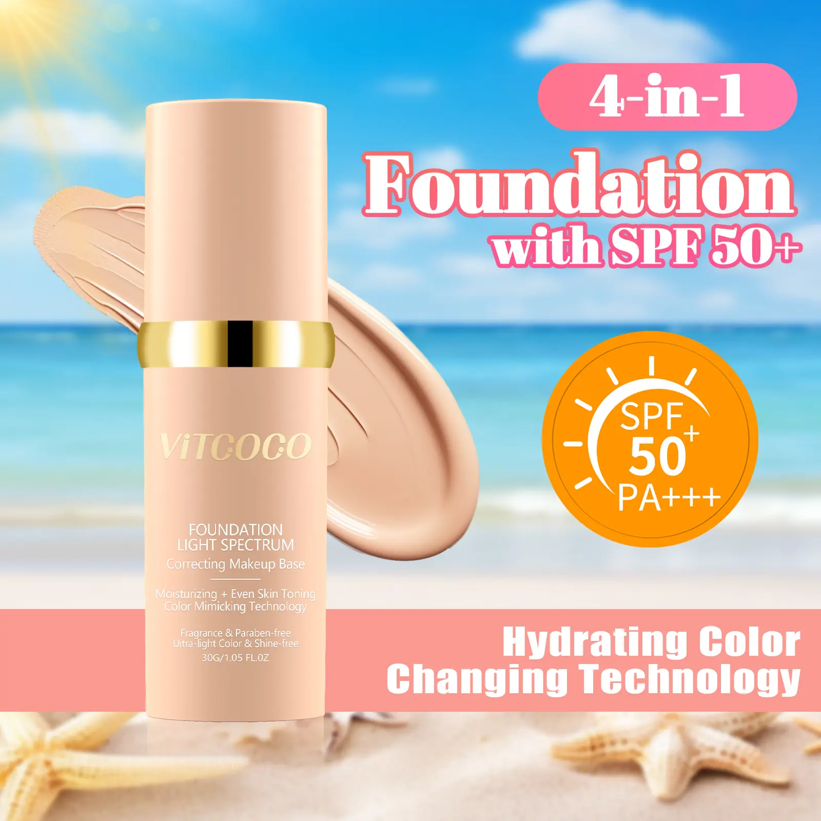 VITCOCO 4-in-1 Cosmetic Hydrating Foundation, SPF50+, 24H Long-Wear, Lightweight Coverage, Oil-Free, Intelligence Coloradapt Technology, Highly Pigmented, Flawless Finish, 30 ml (1.05 oz), 1 Bottle
