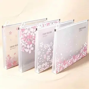 A4 Waterproof Cherry Blossom Zipper File Bag, Transparent Office Travel Organizer, Durable Document Storage Solution